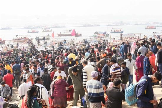 Devotees gathered for Sangam Snan at the Maha Kumbh Mela 2025 at Prayagraj, in Uttar Pradesh on January 18, 2025.:Ministry of Culture