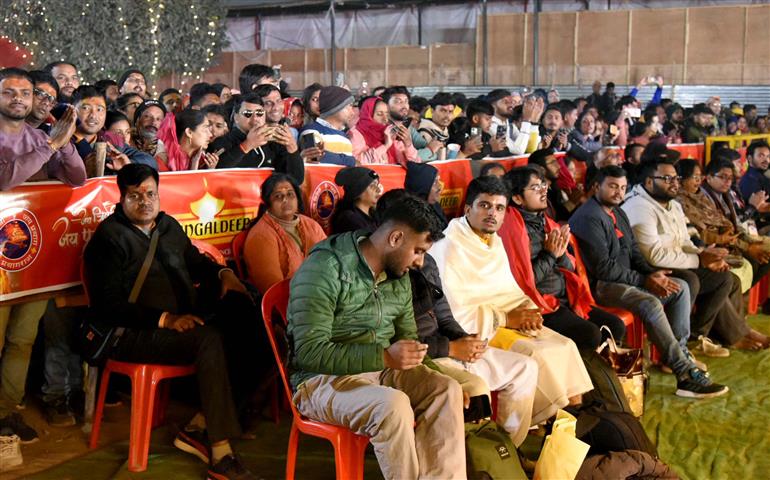 Devotees gather for Ganga Arti at Sthal Sangam, Maha Kumbh Mela at Prayagraj, in Uttar Pradesh on January 18, 2025.:Ministry of Culture