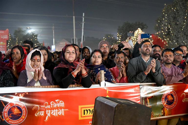 Devotees gather for Ganga Arti at Sthal Sangam, Maha Kumbh Mela at Prayagraj, in Uttar Pradesh on January 18, 2025.:Ministry of Culture