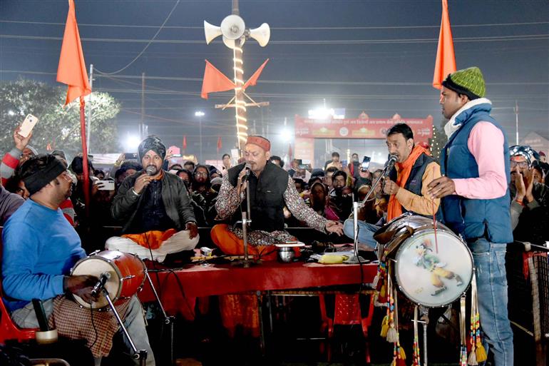 Devotees gather for Ganga Arti at Sthal Sangam, Maha Kumbh Mela at Prayagraj, in Uttar Pradesh on January 18, 2025.:Ministry of Culture