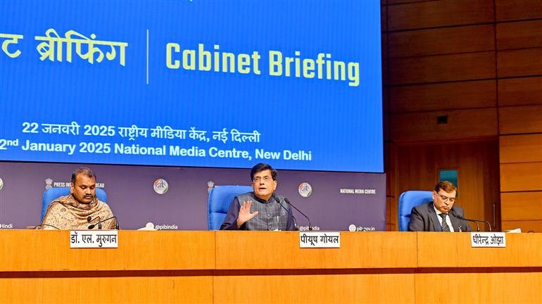 The Union Minister for Commerce and Industry, Shri Piyush Goyal briefing the media on Cabinet decisions at National Media Centre, in New Delhi on January 22, 2025.:Cabinet