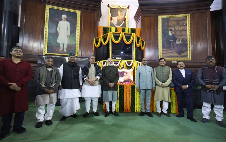 PM paid tributes to Netaji Subhas Chandra Bose on the occasion of his birth anniversary at Central Hall of Samvidhan Sadan, in New Delhi on January 23, 2025.