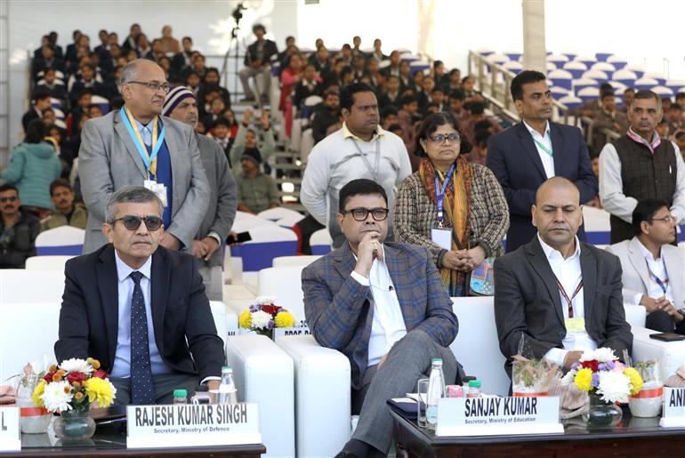The Defence Secretary, Shri Rajesh Kumar Singh and the Secretary, Department of School Education & Literacy, Ministry of Education, Shri Sanjay Kumar attend the Grand Finale of National School Band Competition 6.0 event at Major Dhyan Chand National Stadium, in New Delhi on January 24, 2025.