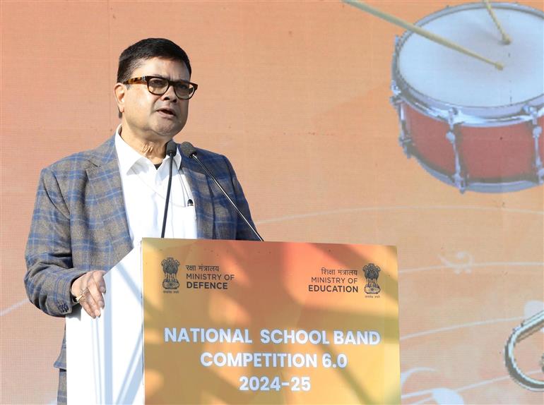 The Secretary, Department of School Education & Literacy, Ministry of Education, Shri Sanjay Kumar addressing at the Grand Finale of National School Band Competition 6.0 event at Major Dhyan Chand National Stadium, in New Delhi on January 24, 2025.