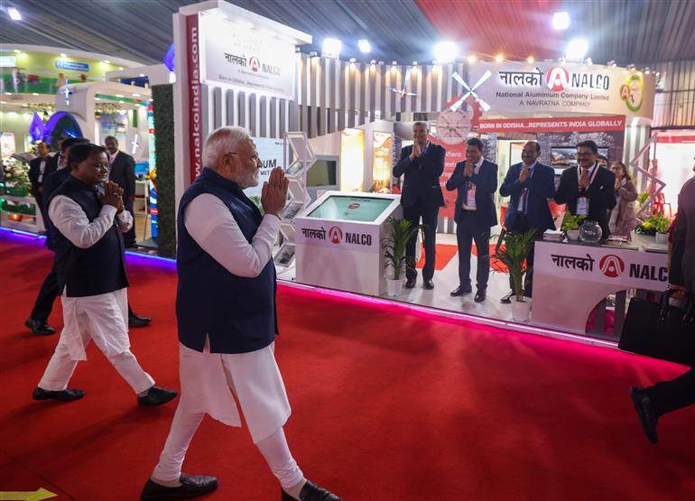 PM visits an exhibition at the inauguration of the Utkarsh Odisha - Make in Odisha Conclave 2025 at Janata Maidan, in Bhubaneswar, Odisha on January 28, 2025.