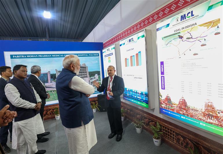 PM visits an exhibition at the inauguration of the Utkarsh Odisha - Make in Odisha Conclave 2025 at Janata Maidan, in Bhubaneswar, Odisha on January 28, 2025.