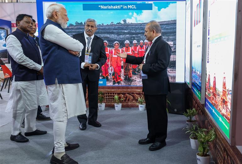 PM visits an exhibition at the inauguration of the Utkarsh Odisha - Make in Odisha Conclave 2025 at Janata Maidan, in Bhubaneswar, Odisha on January 28, 2025.