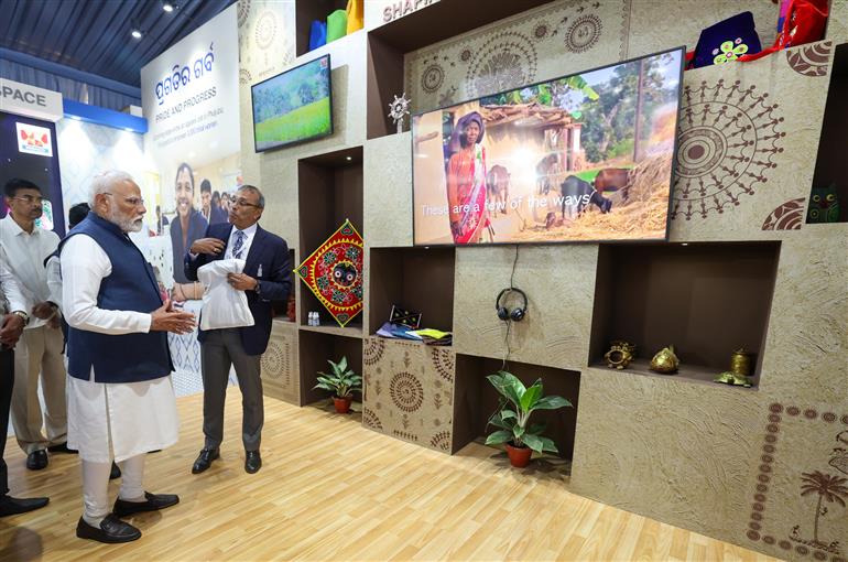 PM visits an exhibition at the inauguration of the Utkarsh Odisha - Make in Odisha Conclave 2025 at Janata Maidan, in Bhubaneswar, Odisha on January 28, 2025.