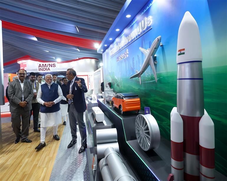 PM visits an exhibition at the inauguration of the Utkarsh Odisha - Make in Odisha Conclave 2025 at Janata Maidan, in Bhubaneswar, Odisha on January 28, 2025.