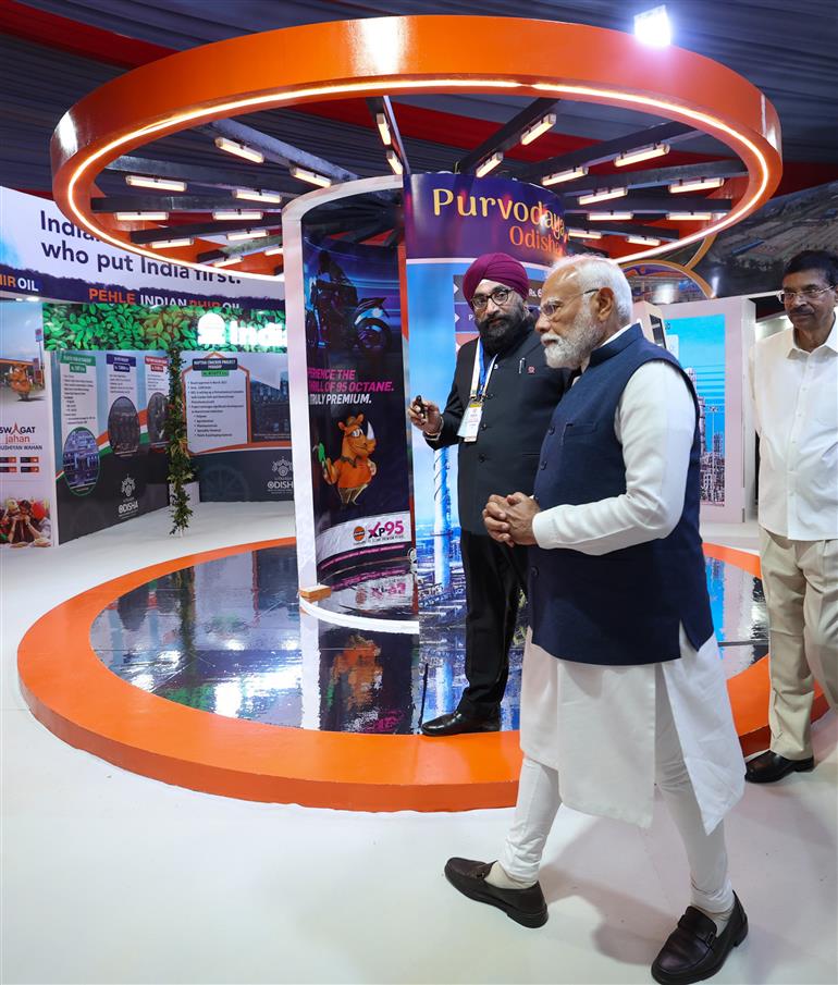PM visits an exhibition at the inauguration of the Utkarsh Odisha - Make in Odisha Conclave 2025 at Janata Maidan, in Bhubaneswar, Odisha on January 28, 2025.