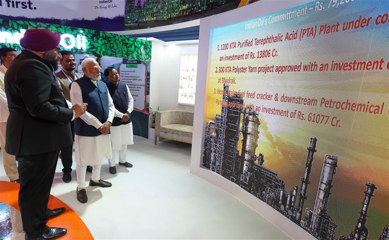 PM visits an exhibition at the inauguration of the Utkarsh Odisha - Make in Odisha Conclave 2025 at Janata Maidan, in Bhubaneswar, Odisha on January 28, 2025.