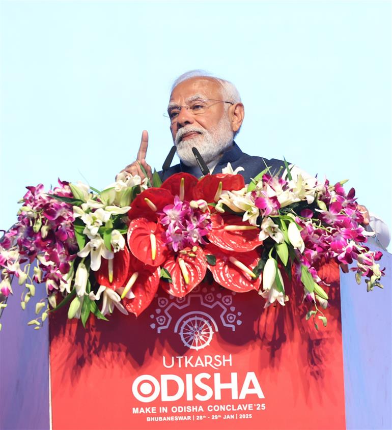 PM addressing at the inauguration of the Utkarsh Odisha - Make in Odisha Conclave 2025 at Janata Maidan, in Bhubaneswar, Odisha on January 28, 2025.