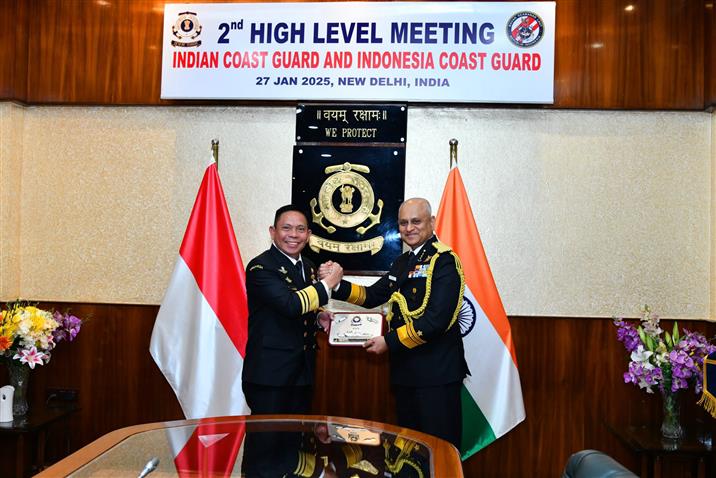 Director General of the Indian Coast Guard (ICG), General Paramesh Sivamani meets the BAKAMLA Chief Vice Admiral Irvansyah at the 2nd High-Level Meeting (HLM), in Coast Guard Headquarters, New Delhi on January 27, 2025.