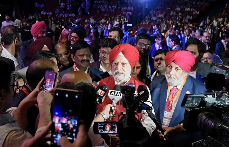 The Union Minister of Petroleum and Natural Gas, Shri Hardeep Singh Puri interacting with media during attends the 77th Chartered Accountants Day at Bharat Mandapam, in New Delhi on July 01, 2025.