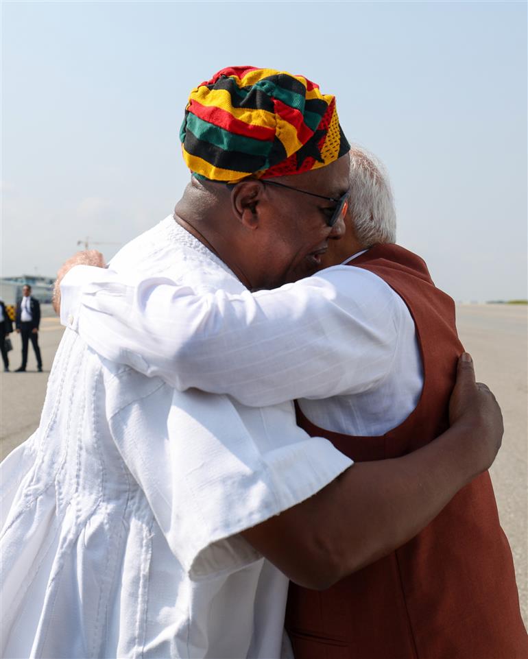 PM receives warm welcome by the President of the Republic of Ghana, Mr. John Dramani Mahama on his arrival in Accra, Ghana on July 02, 2025.