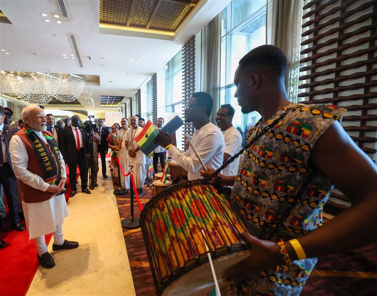 PM receives rousing welcome by Indian community at Accra, in Ghana on July 02, 2025.:Prime Minister's Office PM receives rousing welcome by Indian community at Accra, in Ghana on July 02, 2025.:Prime Minister