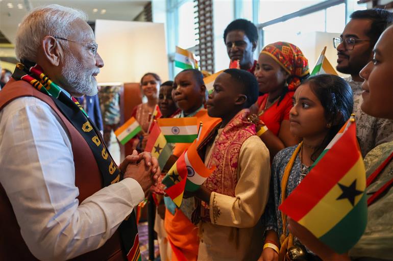 PM receives rousing welcome by Indian community at Accra, in Ghana on July 02, 2025.