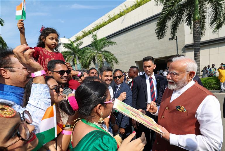 PM receives rousing welcome by Indian community at Accra, in Ghana on July 02, 2025.