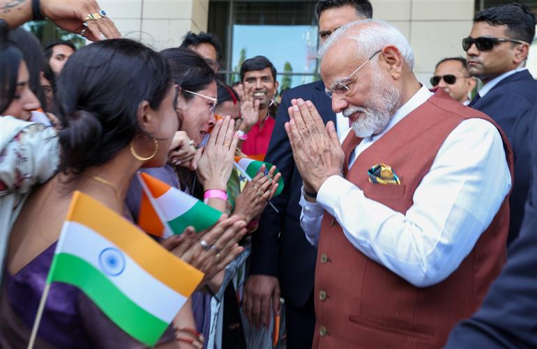 PM receives rousing welcome by Indian community at Accra, in Ghana on July 02, 2025.