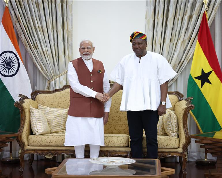 PM meets the President of the Republic of Ghana, Mr. John Dramani Mahama on his arrival at Accra, in Ghana on July 02, 2025.