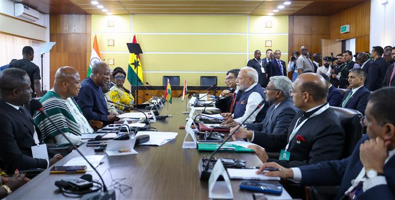 PM attends delegation level talks with the President of the Republic of Ghana, Mr. John Dramani Mahama at Jubilee House in Accra, Ghana on July 02, 2025.