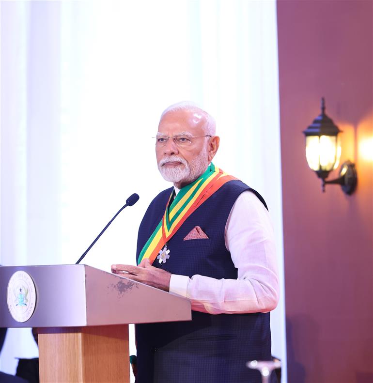 PM remarks on conferred the prestigious national award of Ghana ‘The Officer of the Order of the Star of Ghana’ in Accra, in Ghana on July 02, 2025.