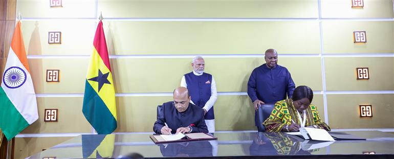 PM and the President of the Republic of Ghana, Mr. John Dramani Mahama witnessing the signing of various MoUs between India and Ghana at Jubilee House in Accra, Ghana on July 02, 2025.