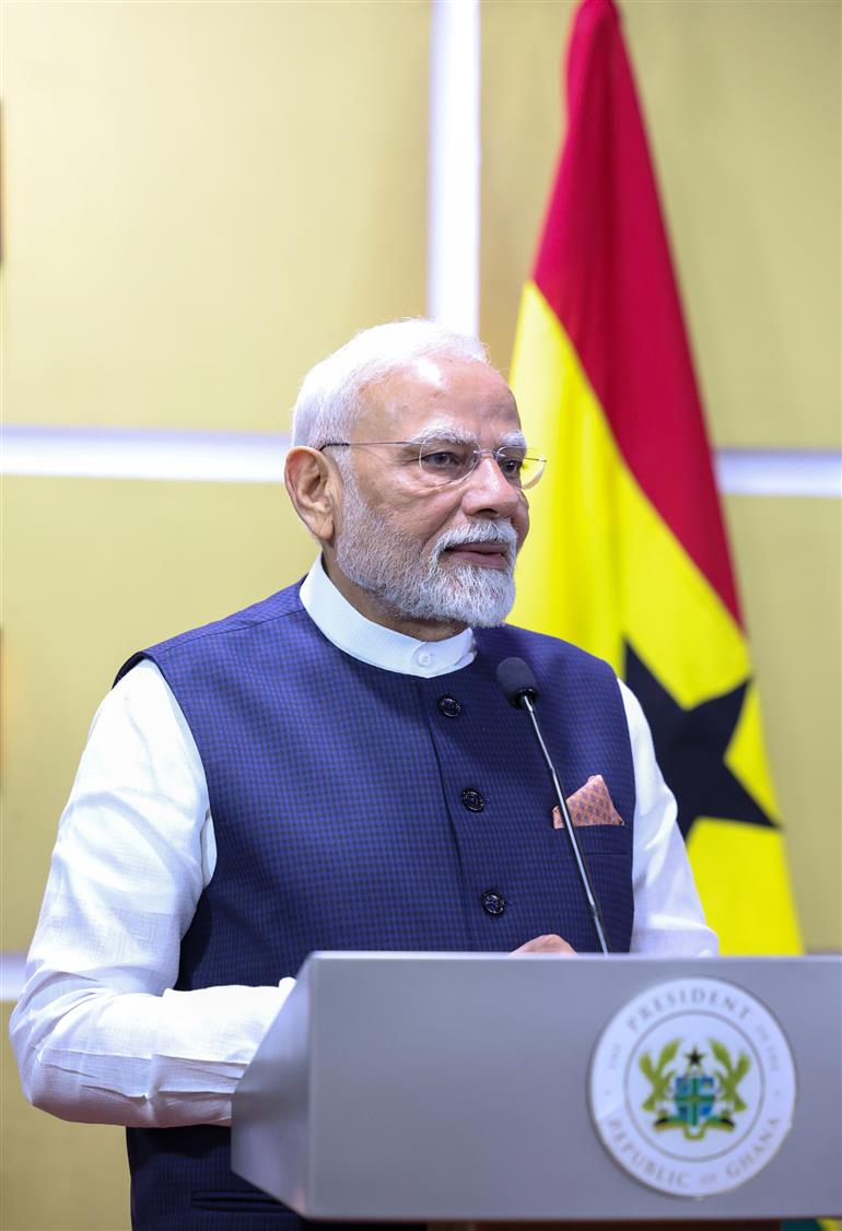 PM addressing the ‘Joint Press Meet’ at Jubilee House in Accra, Ghana on July 02, 2025.