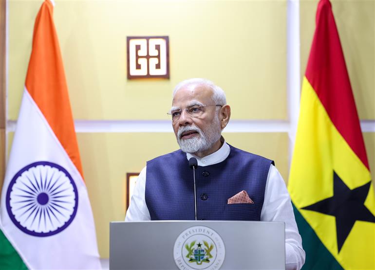 PM addressing the ‘Joint Press Meet’ at Jubilee House in Accra, Ghana on July 02, 2025.