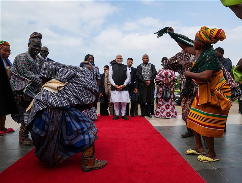PM receives a traditional welcome on his arrival at the Parliament, in Ghana on July 03, 2025.:Prime Minister's Office PM receives a traditional welcome on his arrival at the Parliament, in Ghana on July 03, 2025.:Prime Minister