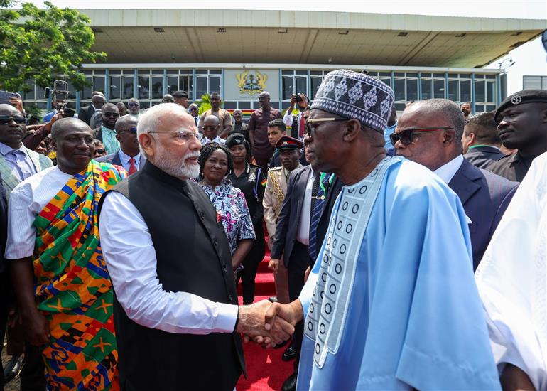 PM receives a traditional welcome on his arrival at the Parliament, in Ghana on July 03, 2025.:Prime Minister's Office PM receives a traditional welcome on his arrival at the Parliament, in Ghana on July 03, 2025.:Prime Minister