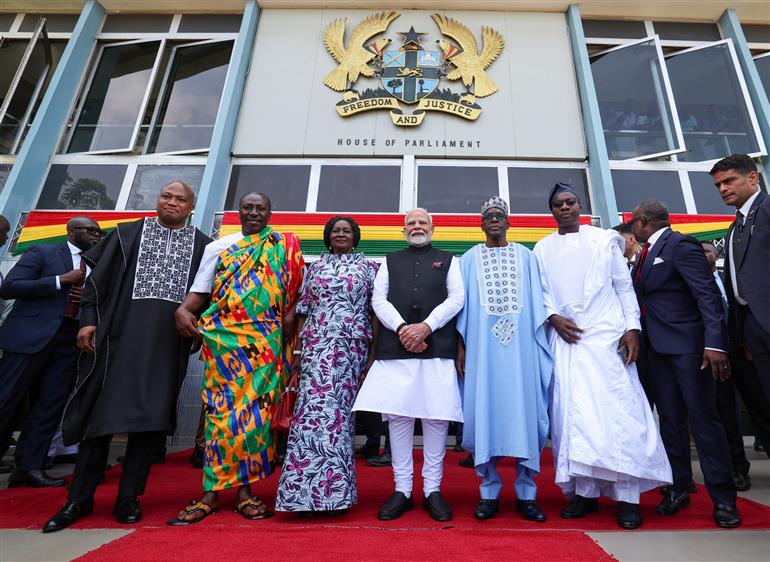 PM receives a traditional welcome on his arrival at the Parliament, in Ghana on July 03, 2025.:Prime Minister's Office PM receives a traditional welcome on his arrival at the Parliament, in Ghana on July 03, 2025.:Prime Minister