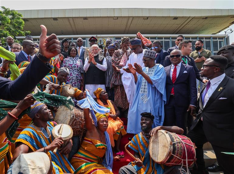 PM receives a traditional welcome on his arrival at the Parliament, in Ghana on July 03, 2025.:Prime Minister's Office PM receives a traditional welcome on his arrival at the Parliament, in Ghana on July 03, 2025.:Prime Minister