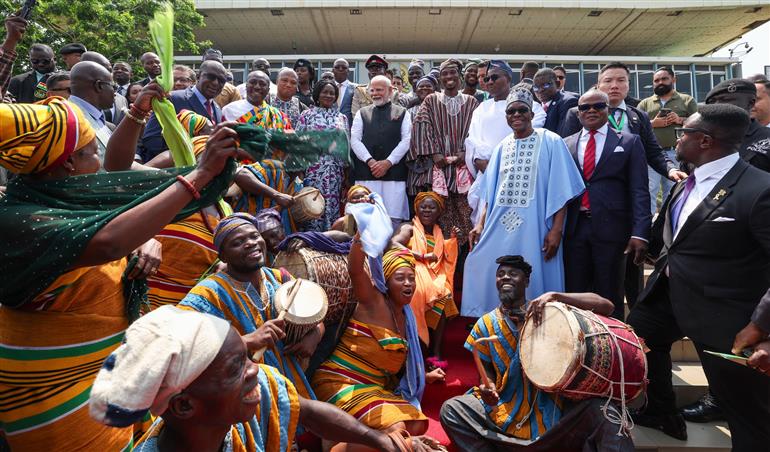PM receives a traditional welcome on his arrival at the Parliament, in Ghana on July 03, 2025.:Prime Minister's Office PM receives a traditional welcome on his arrival at the Parliament, in Ghana on July 03, 2025.:Prime Minister