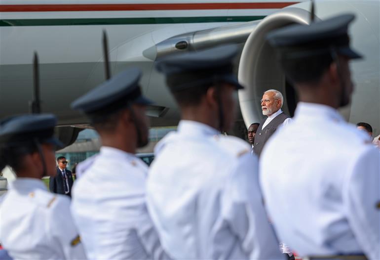 PM receives a Guard of Honour upon his arrival at Port of Spain, in Republic of Trinidad and Tobago on July 03, 2025.:Prime Minister's Office PM receives a Guard of Honour upon his arrival at Port of Spain, in Republic of Trinidad and Tobago on July 03, 2025.:Prime Minister