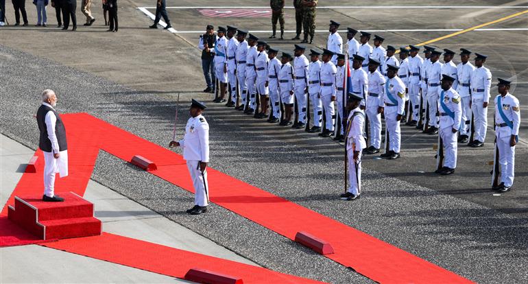 PM receives a Guard of Honour upon his arrival at Port of Spain, in Republic of Trinidad and Tobago on July 03, 2025.:Prime Minister's Office PM receives a Guard of Honour upon his arrival at Port of Spain, in Republic of Trinidad and Tobago on July 03, 2025.:Prime Minister