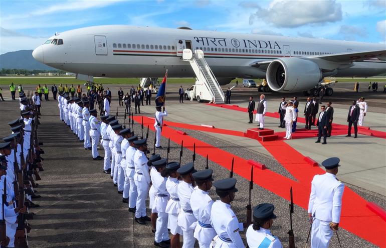 PM receives a Guard of Honour upon his arrival at Port of Spain, in Republic of Trinidad and Tobago on July 03, 2025.:Prime Minister's Office PM receives a Guard of Honour upon his arrival at Port of Spain, in Republic of Trinidad and Tobago on July 03, 2025.:Prime Minister