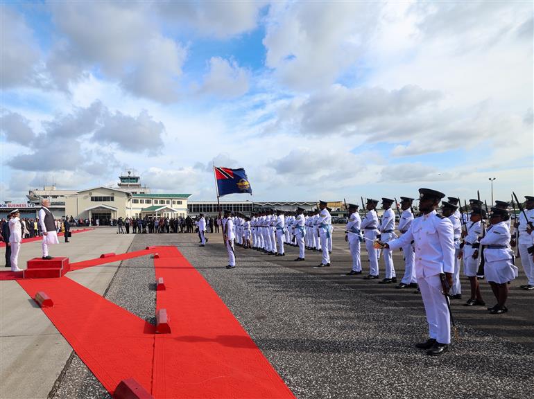 PM receives a Guard of Honour upon his arrival at Port of Spain, in Republic of Trinidad and Tobago on July 03, 2025.:Prime Minister's Office PM receives a Guard of Honour upon his arrival at Port of Spain, in Republic of Trinidad and Tobago on July 03, 2025.:Prime Minister