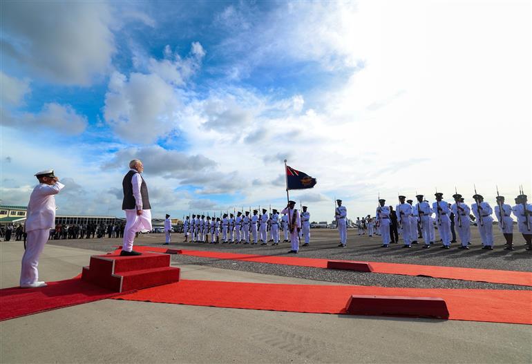 PM receives a Guard of Honour upon his arrival at Port of Spain, in Republic of Trinidad and Tobago on July 03, 2025.:Prime Minister's Office PM receives a Guard of Honour upon his arrival at Port of Spain, in Republic of Trinidad and Tobago on July 03, 2025.:Prime Minister