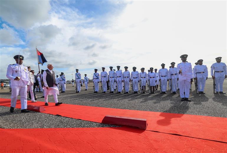 PM receives a Guard of Honour upon his arrival at Port of Spain, in Republic of Trinidad and Tobago on July 03, 2025.:Prime Minister's Office PM receives a Guard of Honour upon his arrival at Port of Spain, in Republic of Trinidad and Tobago on July 03, 2025.:Prime Minister