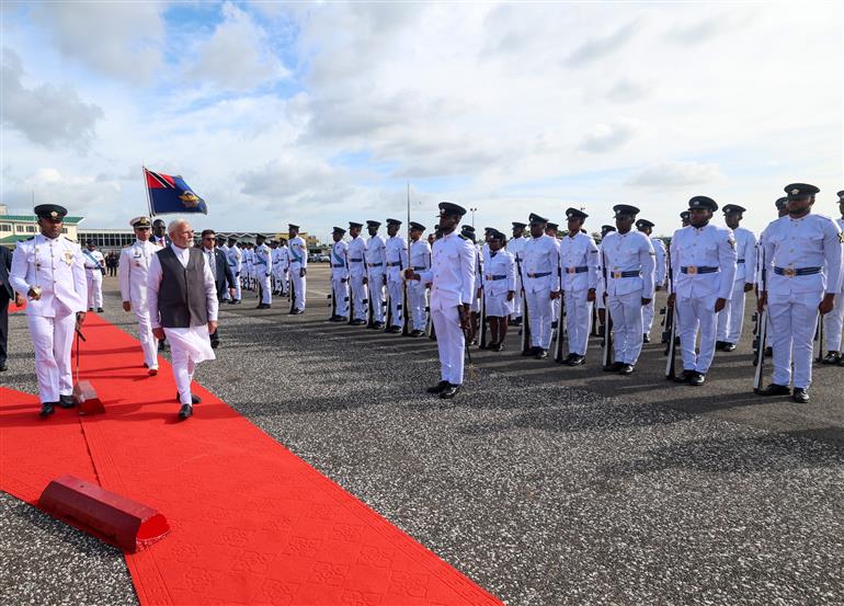 PM receives a Guard of Honour upon his arrival at Port of Spain, in Republic of Trinidad and Tobago on July 03, 2025.:Prime Minister's Office PM receives a Guard of Honour upon his arrival at Port of Spain, in Republic of Trinidad and Tobago on July 03, 2025.:Prime Minister