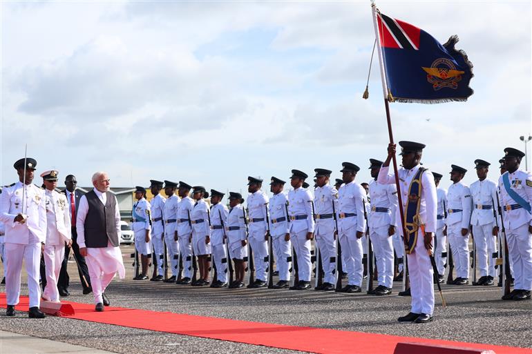 PM receives a Guard of Honour upon his arrival at Port of Spain, in Republic of Trinidad and Tobago on July 03, 2025.:Prime Minister's Office PM receives a Guard of Honour upon his arrival at Port of Spain, in Republic of Trinidad and Tobago on July 03, 2025.:Prime Minister