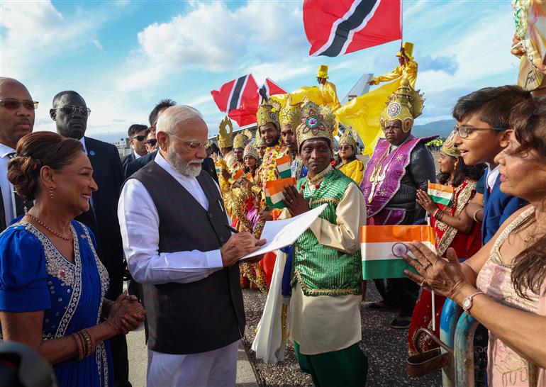 PM receives a ceremonial welcome upon his arrival at Port of Spain, in Republic of Trinidad and Tobago on July 03, 2025.:Prime Minister's Office PM receives a ceremonial welcome upon his arrival at Port of Spain, in Republic of Trinidad and Tobago on July 03, 2025.:Prime Minister