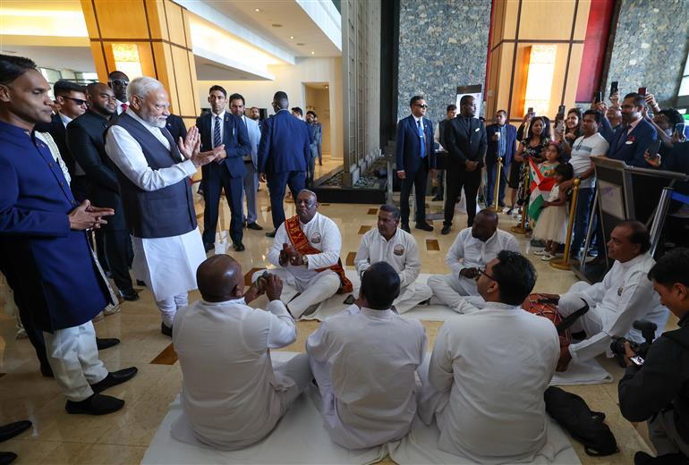 PM receives a grand reception by the Indian community upon his arrival at a hotel in Port of Spain, Republic of Trinidad and Tobago on July 03, 2025.:Prime Minister's Office PM receives a grand reception by the Indian community upon his arrival at a hotel in Port of Spain, Republic of Trinidad and Tobago on July 03, 2025.:Prime Minister