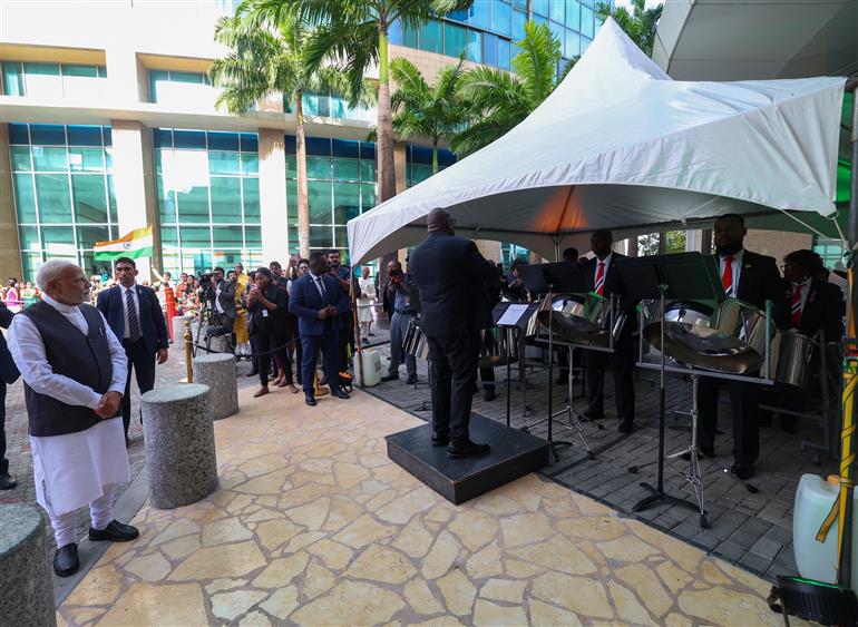 PM receives a grand reception by the Indian community upon his arrival at a hotel in Port of Spain, Republic of Trinidad and Tobago on July 03, 2025.