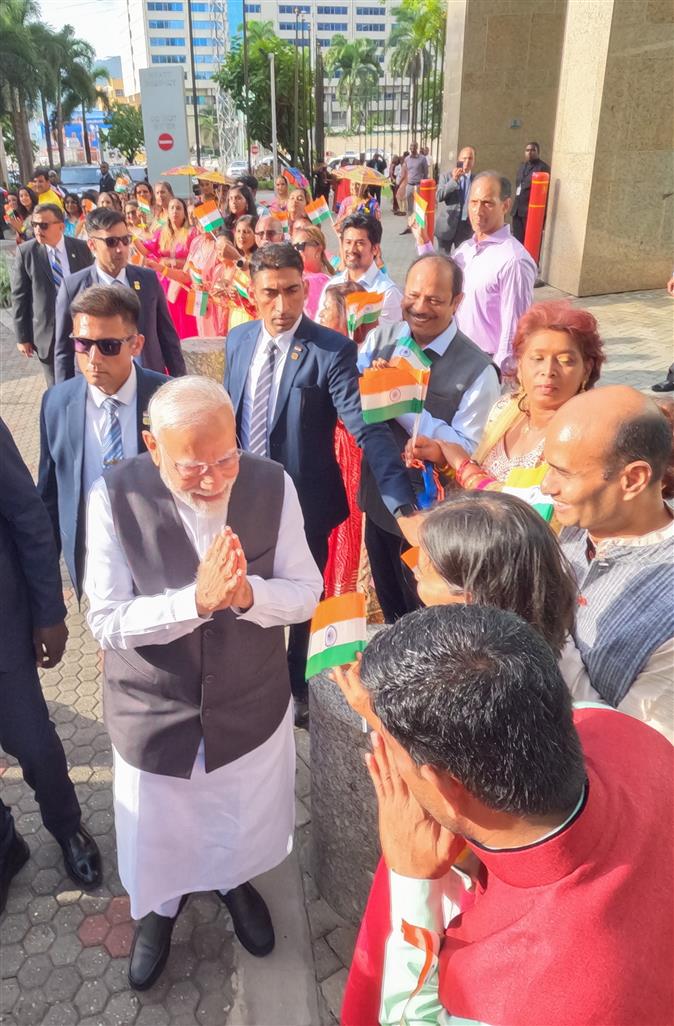 PM receives a grand reception by the Indian community upon his arrival at a hotel in Port of Spain, Republic of Trinidad and Tobago on July 03, 2025.