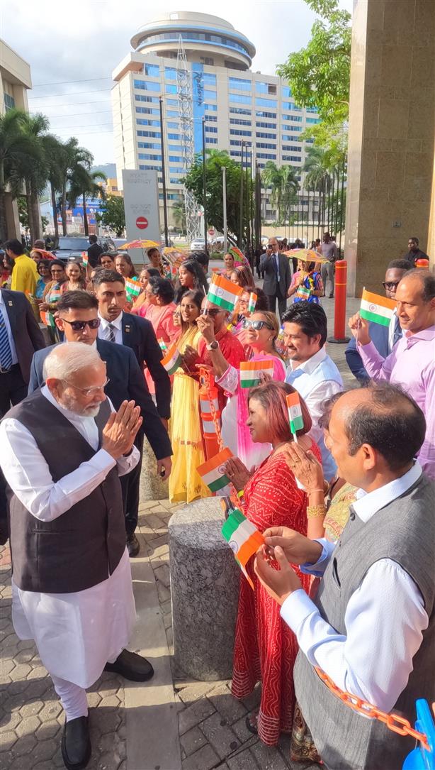 PM receives a grand reception by the Indian community upon his arrival at a hotel in Port of Spain, Republic of Trinidad and Tobago on July 03, 2025.
