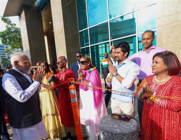 PM receives a grand reception by the Indian community upon his arrival at a hotel in Port of Spain, Republic of Trinidad and Tobago on July 03, 2025.
