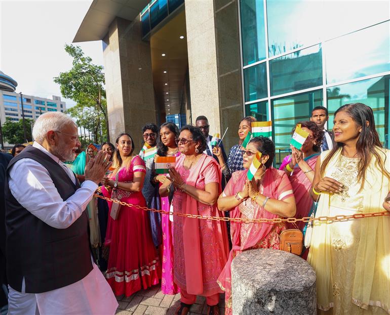 PM receives a grand reception by the Indian community upon his arrival at a hotel in Port of Spain, Republic of Trinidad and Tobago on July 03, 2025.