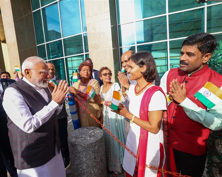 PM receives a grand reception by the Indian community upon his arrival at a hotel in Port of Spain, Republic of Trinidad and Tobago on July 03, 2025.